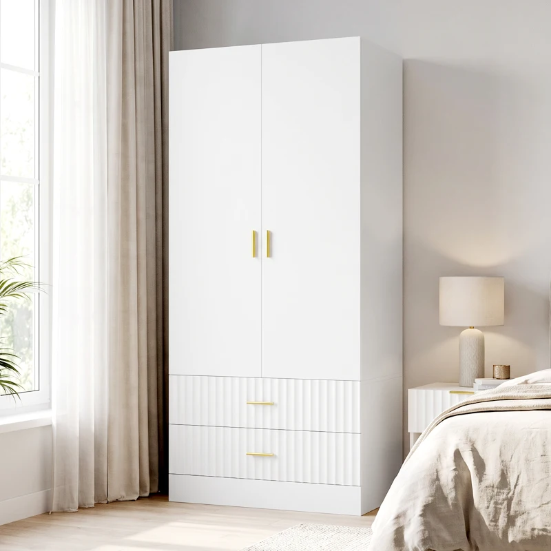 HOMCOM Armario Dormitorio con 2 Puertas, 2 Cajones Acanalados y Barra de Colgar, 78 x 50 x 170 cm, Blanco