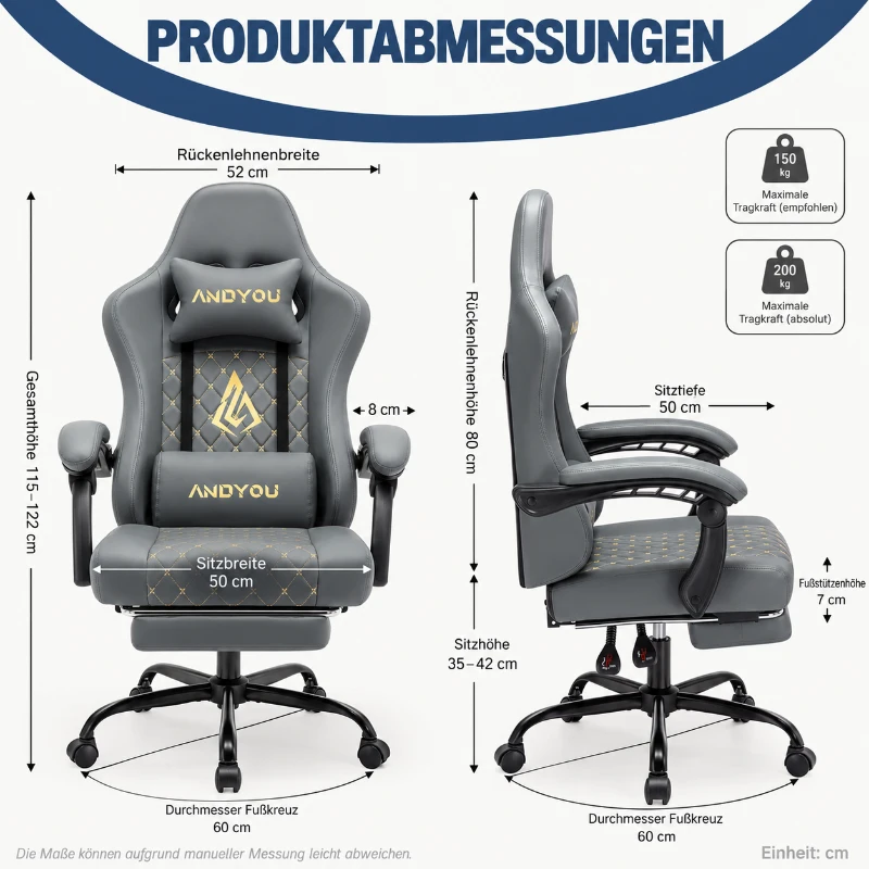 Gaming-Stuhl mit Fußstütze, weiches Nacken- und Lendenkissen, abnehmbaren Stützkissen, 60x60x122 cm, Grau