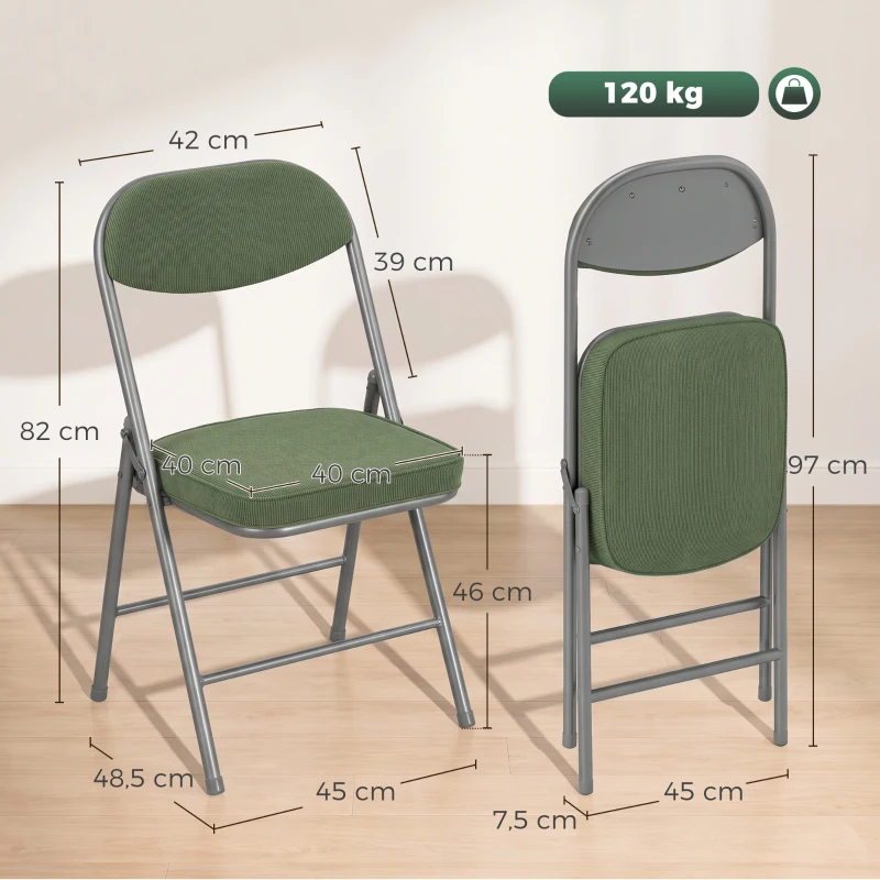 HOMCOM Conjunto de 2 cadeiras dobráveis para sala de jantar portáteis com assentos e encostos acolchoados em veludo cotelê verde