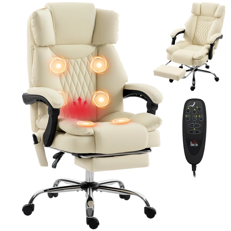 HOMCOM Fauteuil de Bureau avec 6 Points de Massage Chaleur Lombaire Repose-Pieds Hauteur Réglable Télécommande et Tissu PU Beige