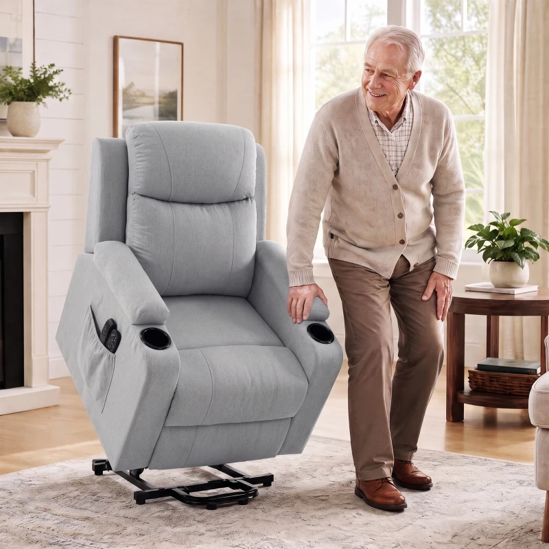 HOMCOM Sillón Elevador Eléctrico Masaje Vibración y Calor, Sillón Relax Eléctrico, Respaldo Reclinable, Puerto USB, Gris