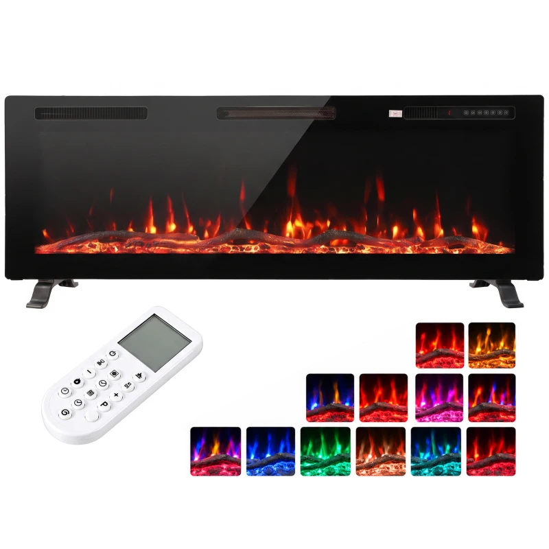 HOMCOM Chimenea Eléctrica Empotrable Mural o de Pie 3 en 1 Chimenea Decorativa Extra-Plana 900W/1800W Efecto Llama 3D Negro