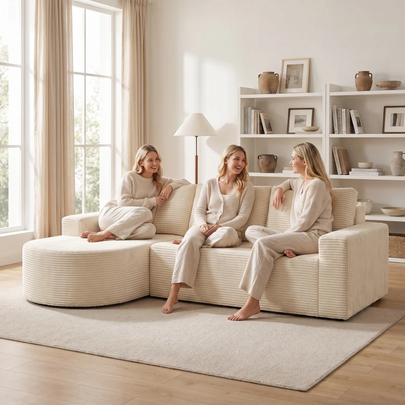 HOMCOM Sofá Esquinero 3 Plazas en Terciopelo Acanalado, Sofá Comprimido en L 235cm, Chaise Longue Curva, Asiento Profundo, Beige