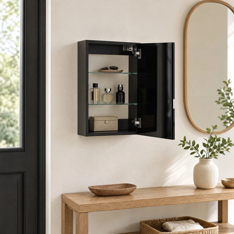 HOMCOM Armário de Parede em Madeira para Banheiro com 3 Prateleiras Ajustáveis em Vidro em 3 Níveis, 40x15x55 cm, Preto