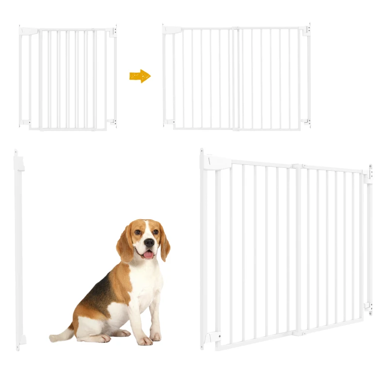 PawHut Barrière de Sécurité Extensible pour Chiens 72-108.5x76cm, Fermeture Automatique, Ouverture d'une Main, Blanc