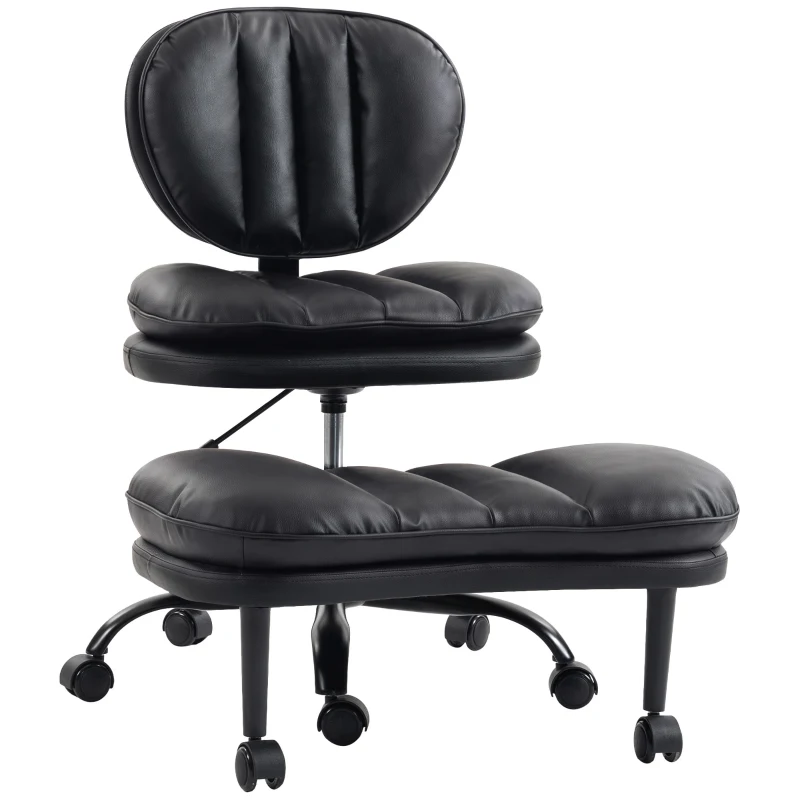 HOMCOM Cadeira de Escritório Ergonômica para Pernas Cruzadas, Cadeira de Meditação Giratória 360° com Rodízios, Apoio para os Pés Removível, Preto