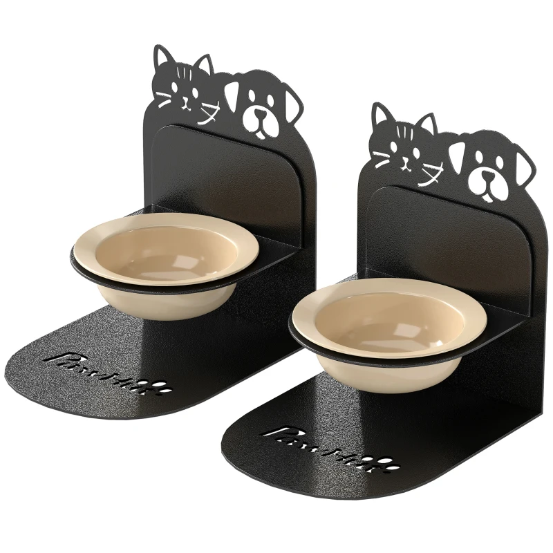 PawHut Bol înălțat reglabil și stație de hrănire cu 2 boluri ceramice, Negru
