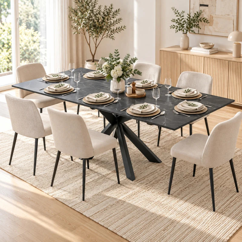 HOMCOM Mesa de Jantar Extensível para 4 a 8 Pessoas, 120-160 cm, Tampo com Efeito Mármore, Pés Cruzados em Aço, Preto