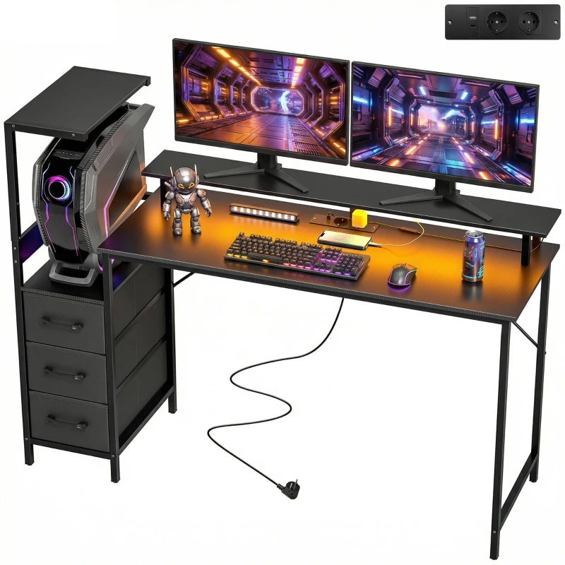 HOMCOM Secretária Gamer 147 x 47 cm, Iluminação RGB, Tomadas e Portas USB, Suporte para Unidade Central Ajustável e Reversível, Preto