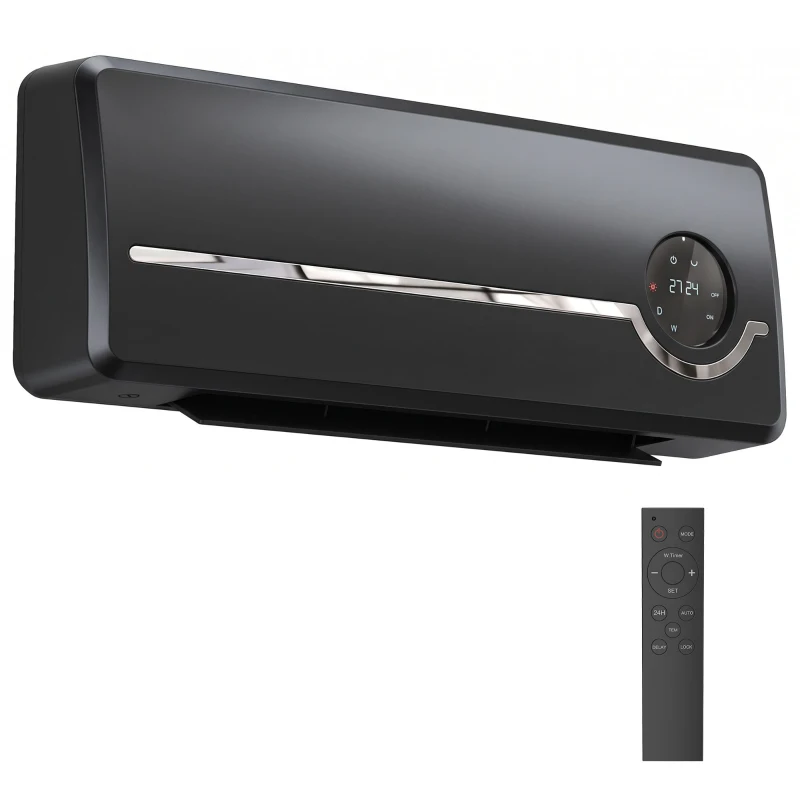 HOMCOM Încălzitor mural ceramic 1000/2000W, radiator electric, ventilator, termostat, minuterie, 50x18,6x12,9cm, negru