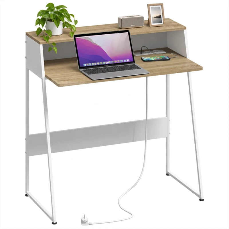 HOMCOM Secretária de Computador, 90 x 50 cm, Secretária com Arrumação, Prateleira Aberta e Estrutura em Aço, Carvalho e Branco
