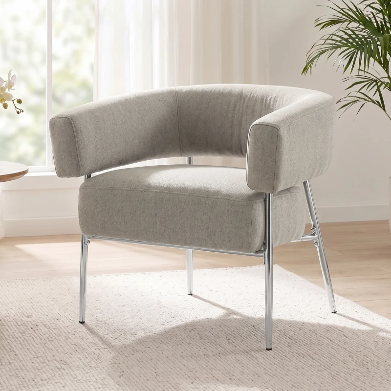 HOMCOM Sillón de salón, Sillón auxiliar acolchado en tejido aspecto lino, Respaldo curvado y reposabrazos, Estilo moderno, Marrón