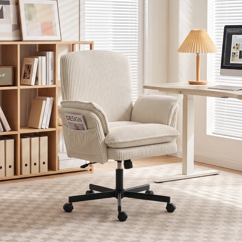 HOMCOM Chaise de bureau à roulettes avec accoudoirs rabattables, chaise de bureau beige