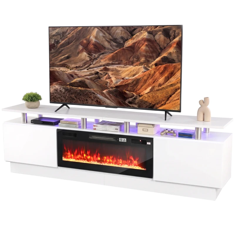 HOMCOM Móvel TV com Lareira Elétrica 203cm com Iluminação LED Lareira Decorativa 900/1800W Efeito Chama 3D Branco