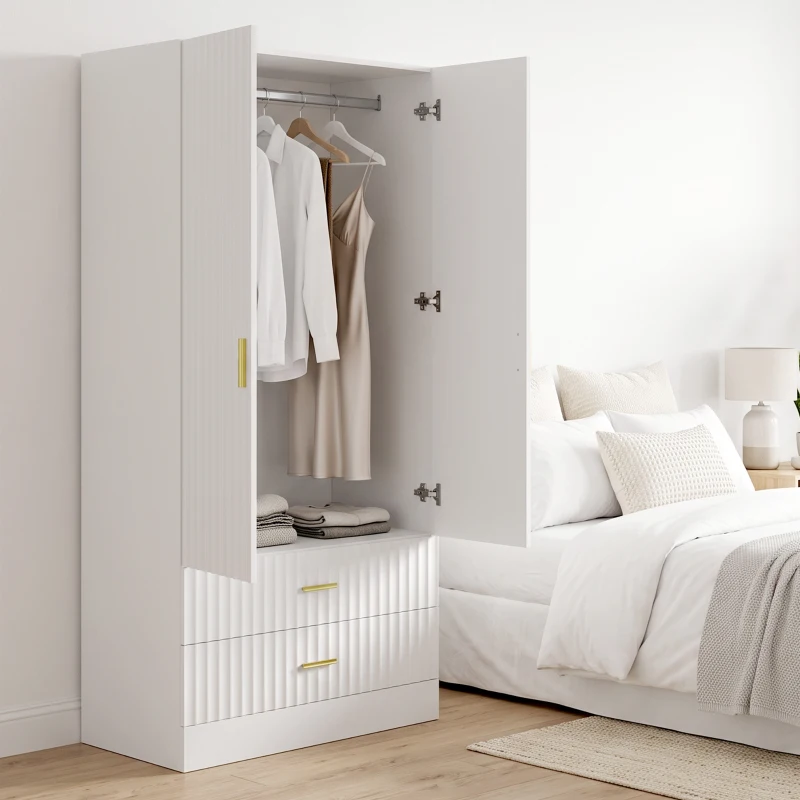 HOMCOM Armario Dormitorio con 2 Puertas, 2 Cajones Acanalados y Barra de Colgar, 78 x 50 x 170 cm, Blanco