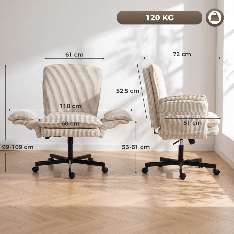 HOMCOM Chaise de bureau à roulettes avec accoudoirs rabattables, chaise de bureau beige