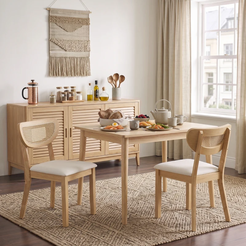 HOMCOM Lote de 2 Sillas de Comedor, Sillas de Cocina Tapizadas en Lino, Respaldo Efecto Ratán y Patas de Hevea, Beige