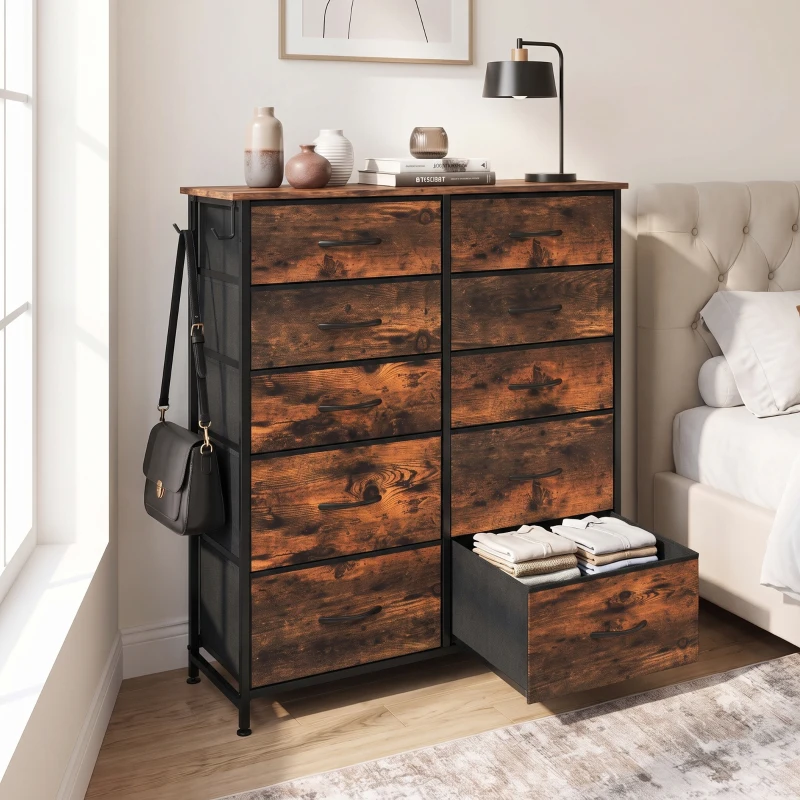 HOMCOM Cómoda 10 Cajones de Tela Plegables, Cómoda Dormitorio Adulto con Bolsillos Laterales y 2 Ganchos, Marrón Rústico