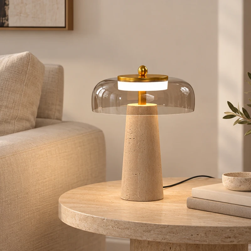 HOMCOM Lámpara de Mesa Vintage con Pantalla de Vidrio y Base de Travertino, Lámpara de Mesita Retro, Luz Cálida 3000 K, Ámbar