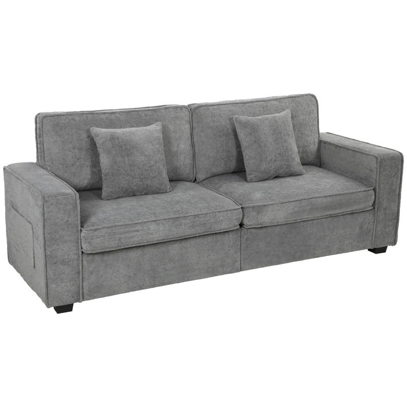 HOMCOM 3‑Sitzer‑Sofa mit Chenille‑Bezug, Seitentaschen, 2 Kissen, Armlehnen, Federkern 210x78,5x86,5 cm Grau