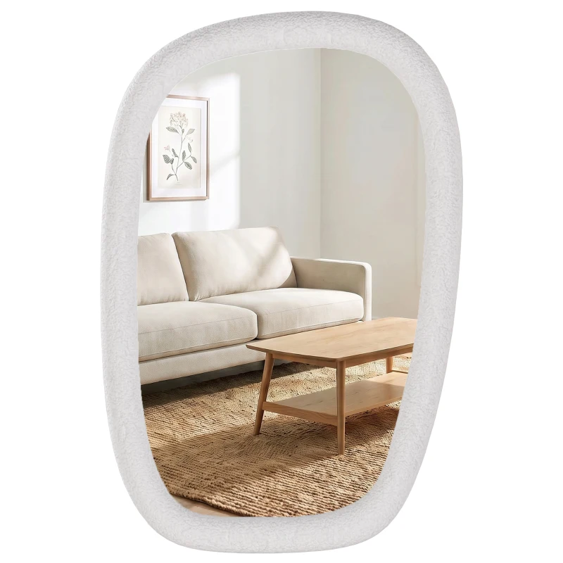 HOMCOM Unregelmäßiger Wandspiegel 60 cm, Badezimmerspiegel mit gehärtetem Glas und Rahmen in Steinoptik, Weiß