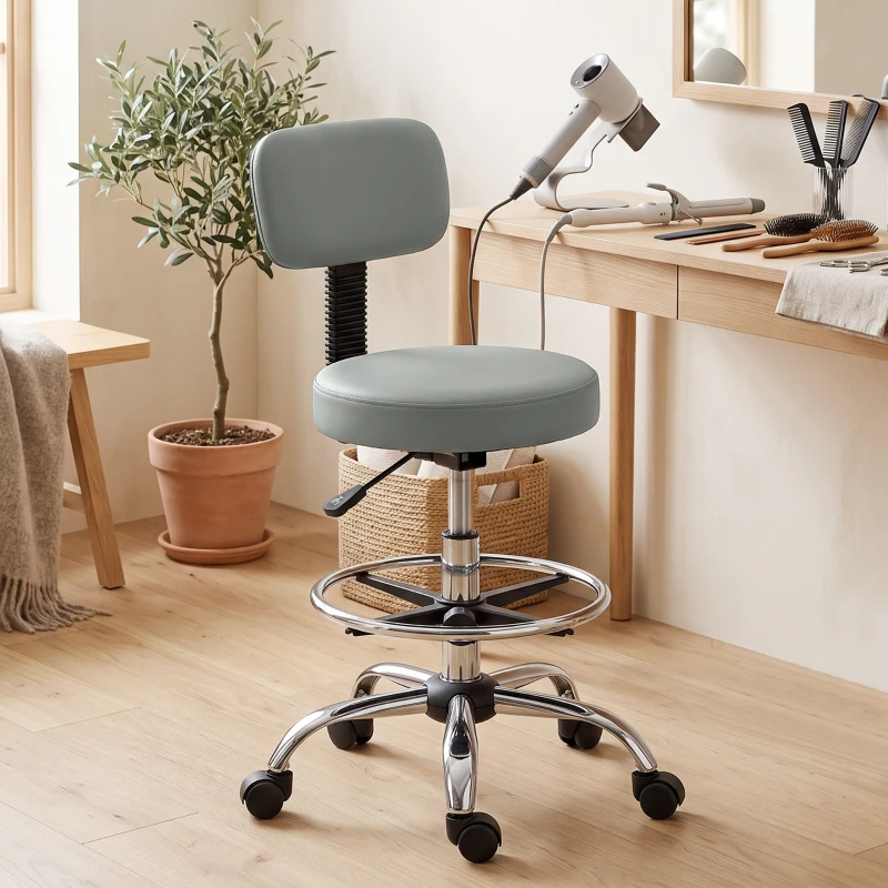HOMCOM Silla Giratoria de Altura Ajustable con Reposapiés, en Acero, Piel Sintética y Espuma, 52x52x78-92 cm, Gris Claro