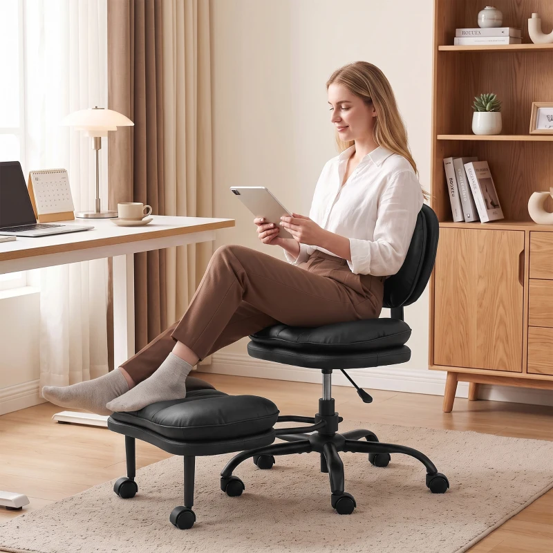 HOMCOM Cadeira de Escritório Ergonômica para Pernas Cruzadas, Cadeira de Meditação Giratória 360° com Rodízios, Apoio para os Pés Removível, Preto