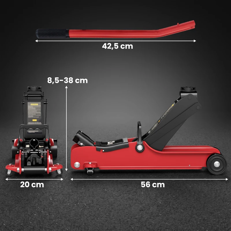 HOMCOM Macaco Hidráulico Macaco Rodante 2,5 Toneladas Perfil Baixo para Carro Elevação 85-380mm Patim em Borracha 90x22x38cm Vermelho