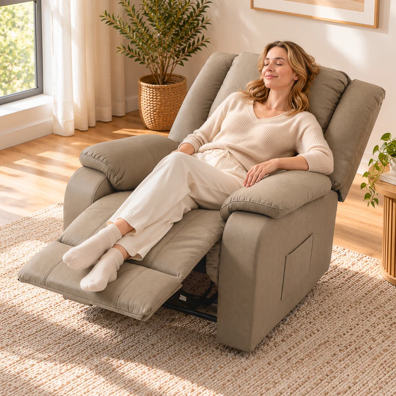 HOMCOM Fauteuil Relax Inclinable Manuel en PU avec Repose-pieds Assise Large Rembourrage Épais Inclinable jusqu'à 155° Kaki