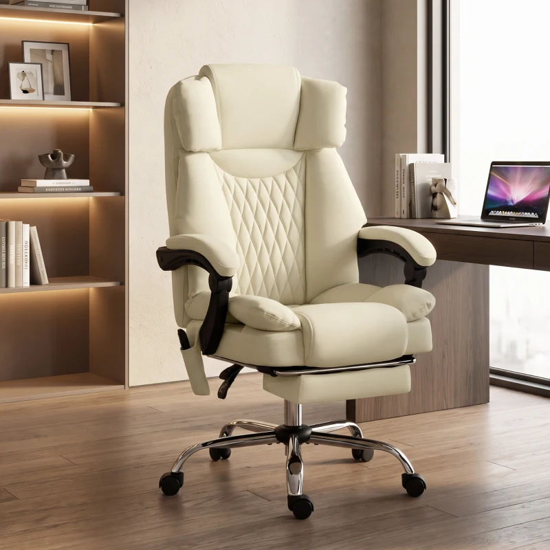 HOMCOM Fauteuil de Bureau avec 6 Points de Massage Chaleur Lombaire Repose-Pieds Hauteur Réglable Télécommande et Tissu PU Beige