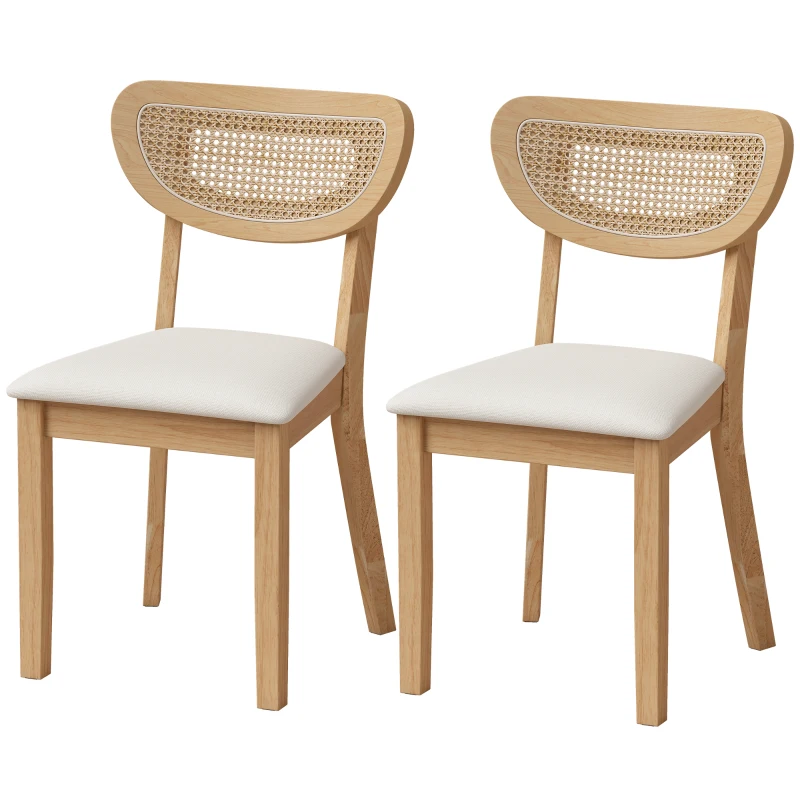 HOMCOM Lote de 2 Sillas de Comedor, Sillas de Cocina Tapizadas en Lino, Respaldo Efecto Ratán y Patas de Hevea, Beige
