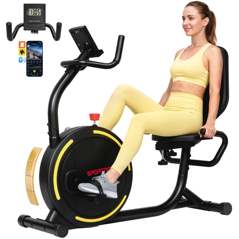 SPORTNOW Cyclette Orizzontale Magnetica Con Schienale E Monitor LCD e Bluetooth, Nero