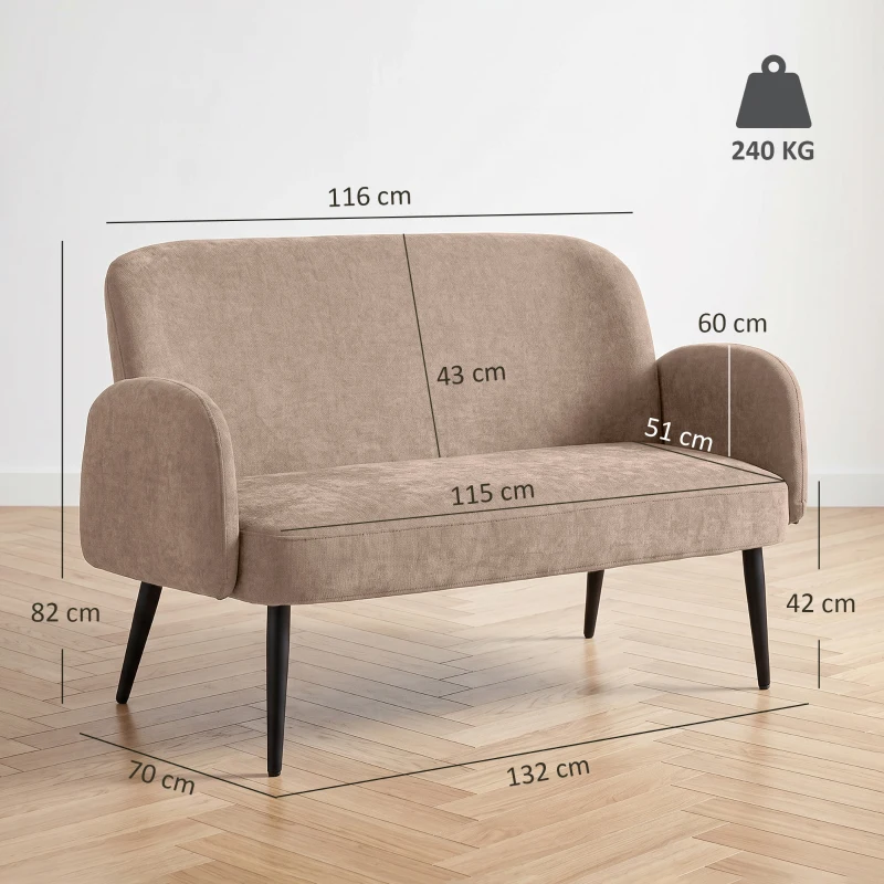 HOMCOM Canapea 2 locuri 132 cm, canapea mică din catifea cu șezut lat, tapițare și picioare metalice, maro