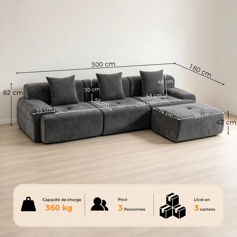 HOMCOM Sofá Esquinero Modular 3 Plazas con Puf de Chenilla, Sofá Comprimido 300 cm con Asiento Profundo, 3 Cojines, Gris