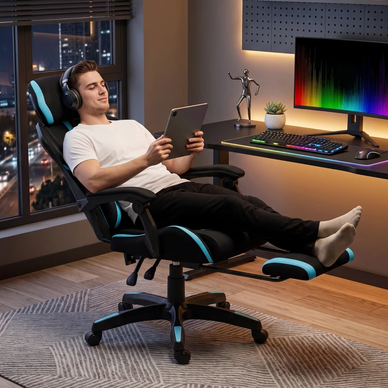 HOMCOM Cadeira Gamer Ergonômica, Poltrona Gamer Reclinável em Malha com Apoio de Cabeça Ajustável, Suporte Lombar, Preto e Azul