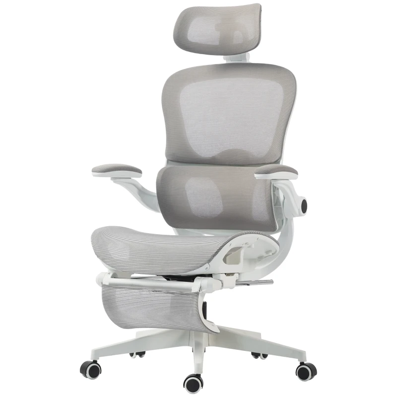 HOMCOM Cadeira de Escritório Ergonômica Reclinável em Malha, Suporte Lombar, Encosto de Cabeça, Apoios de Braço Eleváveis, 62x66x126cm, Cinza