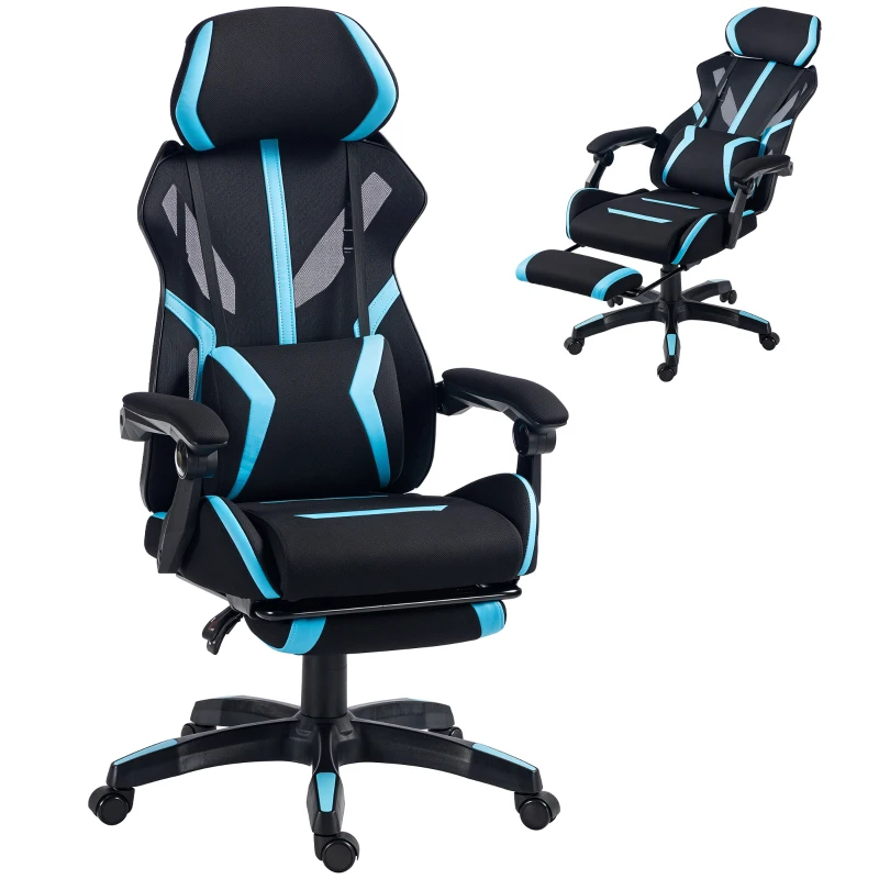 HOMCOM Ergonomischer Gaming-Stuhl, neigbarer Mesh-Gaming-Sessel mit verstellbarer Kopfstütze, Lendenstütze, Schwarz und Blau