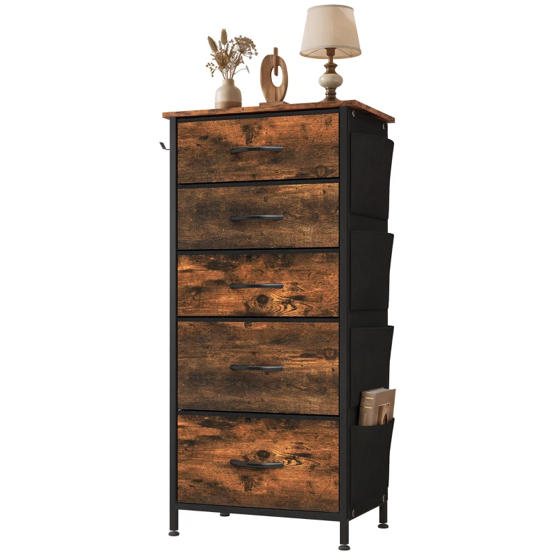 HOMCOM Cómoda 5 cajones de tela plegables, cómoda para dormitorio de adulto con bolsillos laterales y 2 ganchos, marrón rústico