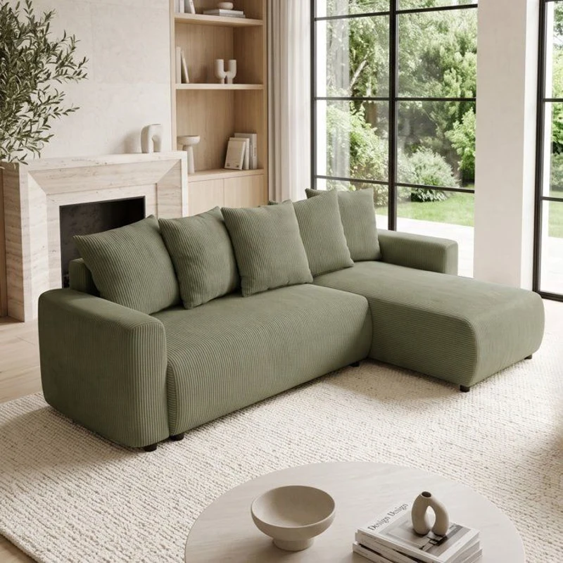 Canapé d'angle convertible réversible - 3 a 4 places - PHARELL 2 - velours côtelé - kaki - coffre de rangement - L233 x P159 x H89 c