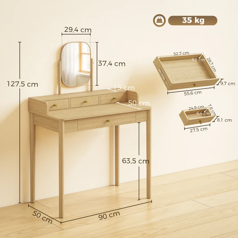 HOMCOM Tocador con espejo giratorio, tocador de madera de pino con 4 cajones, superficie de almacenamiento para dormitorio, roble