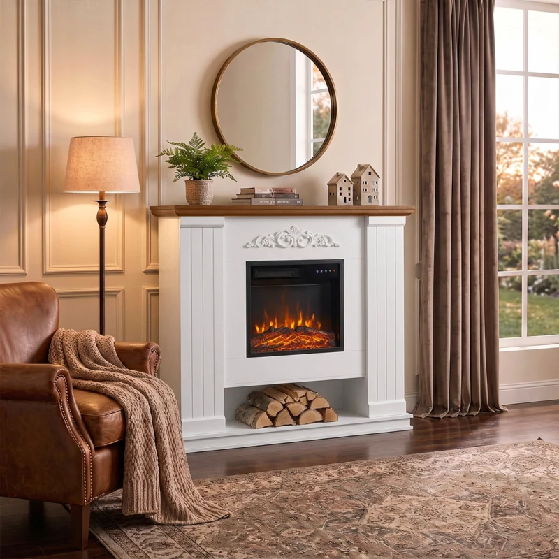 HOMCOM Lareira Elétrica 1800 W, Efeito Chama 3D Realista, com Manto e Prateleira, 5 Níveis de Luminosidade, Branco