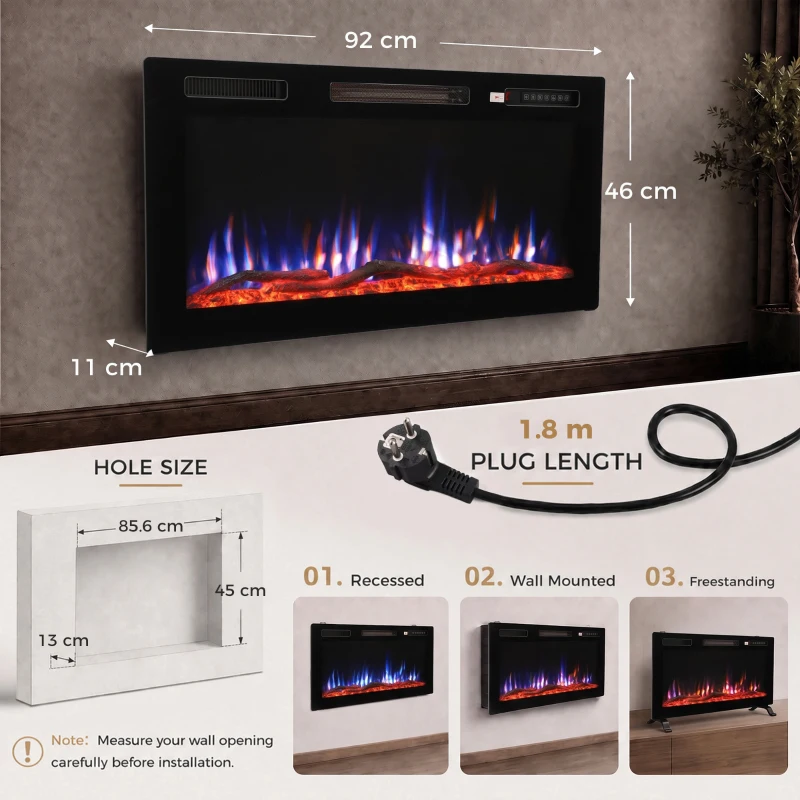 HOMCOM Șemineu electric cu efect de flacără și montare pe perete cu telecomandă