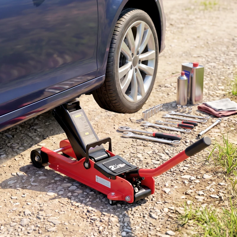 HOMCOM Macaco Hidráulico Macaco Rodante 2,5 Toneladas Perfil Baixo para Carro Elevação 85-380mm Patim em Borracha 90x22x38cm Vermelho