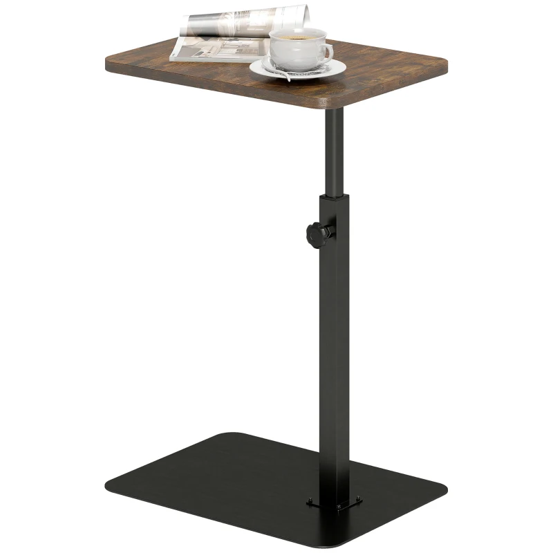 HOMCOM Mesa Lateral em Forma de C, Altura Ajustável, Mesa para Sofá em Metal, Ideal para Espaços Pequenos, Sala e Quarto, Castanho Rústico