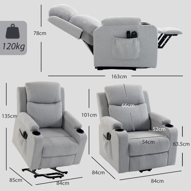 HOMCOM Sillón Elevador Eléctrico Masaje Vibración y Calor, Sillón Relax Eléctrico, Respaldo Reclinable, Puerto USB, Gris