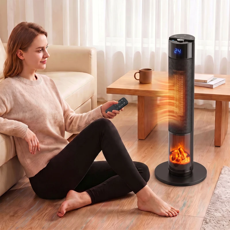 HOMCOM Încălzitor Electric Ceramic PTC 2000W cu 5 Moduri App Wi‑Fi Flăcări 3D Telecomandă Protecție la Supraîncălzire Negru