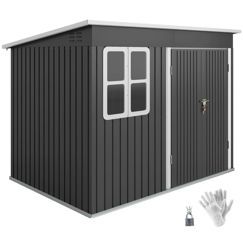Outsunny Abri de Jardin 4.13m² en Acier Galvanisé, Toit Incliné, Double Porte Verrouillable, Aérations, Fenêtre, Gris Foncé