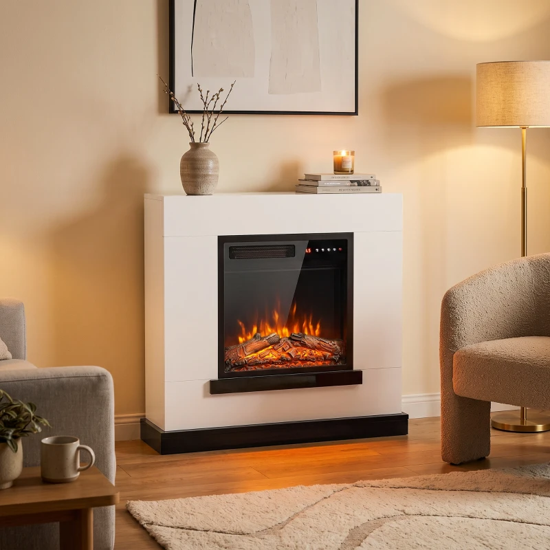 HOMCOM Chimenea eléctrica con calefacción efecto llama 3D, chimenea eléctrica con repisa, 80 cm, Blanco