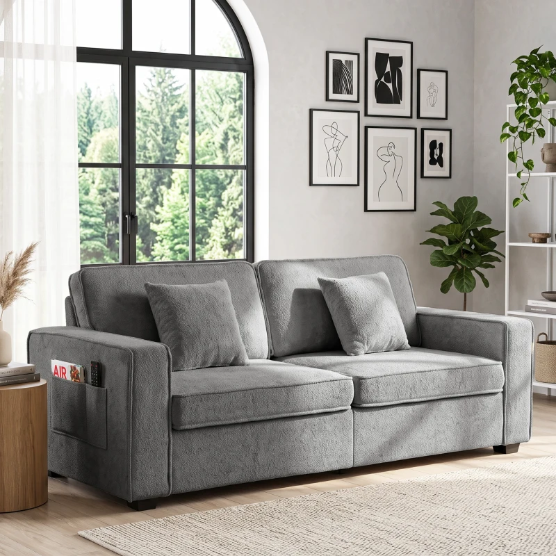 HOMCOM 3‑Sitzer‑Sofa mit Chenille‑Bezug, Seitentaschen, 2 Kissen, Armlehnen, Federkern 210x78,5x86,5 cm Grau