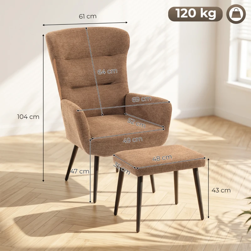 HOMCOM Relax-Sessel mit Pouf im Leinenoptik-Stoff, breite und hohe Rückenlehne, zum Lesen, Wohnzimmer, Braun